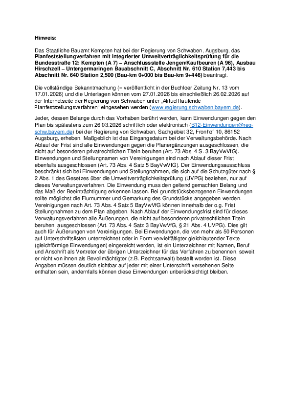 Planfeststellungverfahren mit integrierter Umweltverträglichkeitsprüfung für die Bundesstraße 12