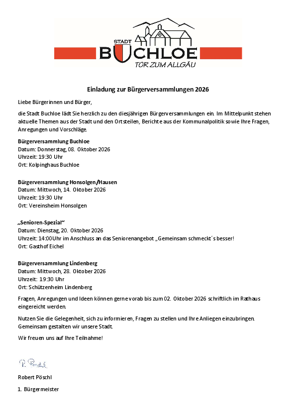 Einladung zur Bürgerversammlungen 2026